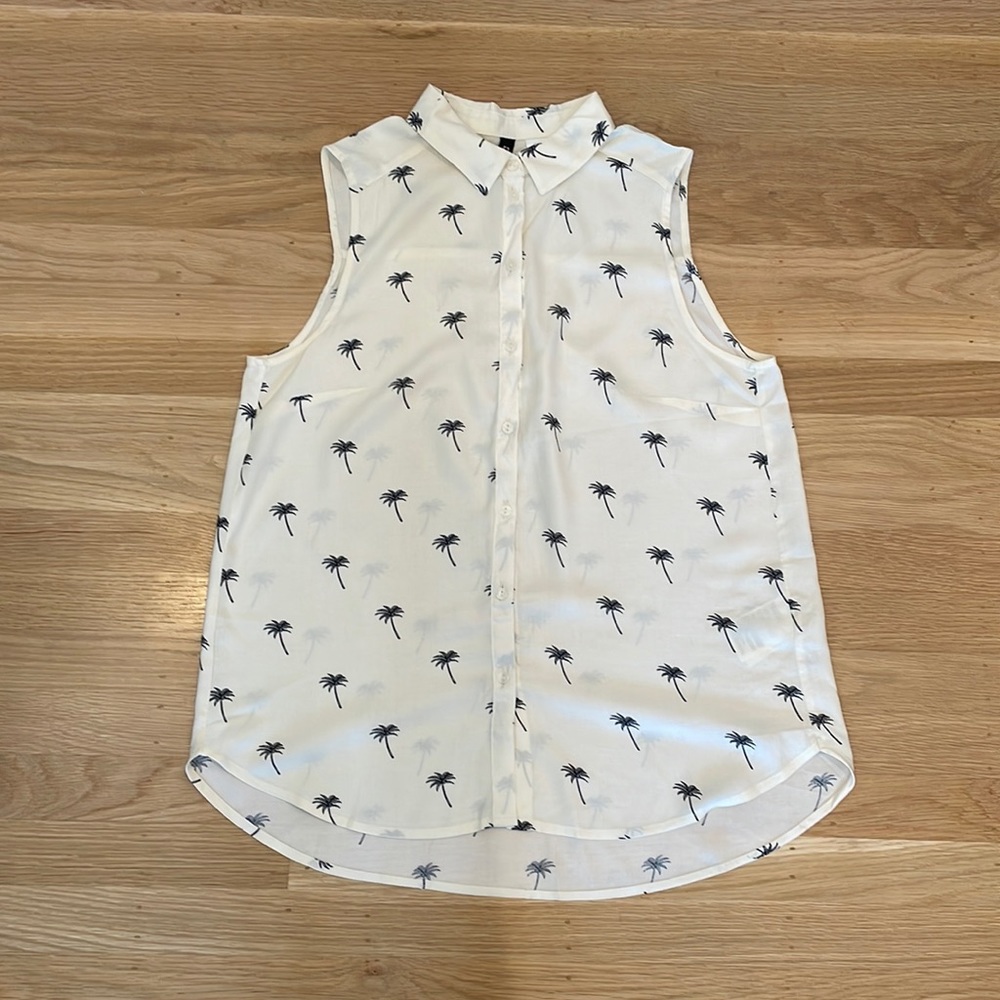 palm tree print sleeveless collar top, size 6